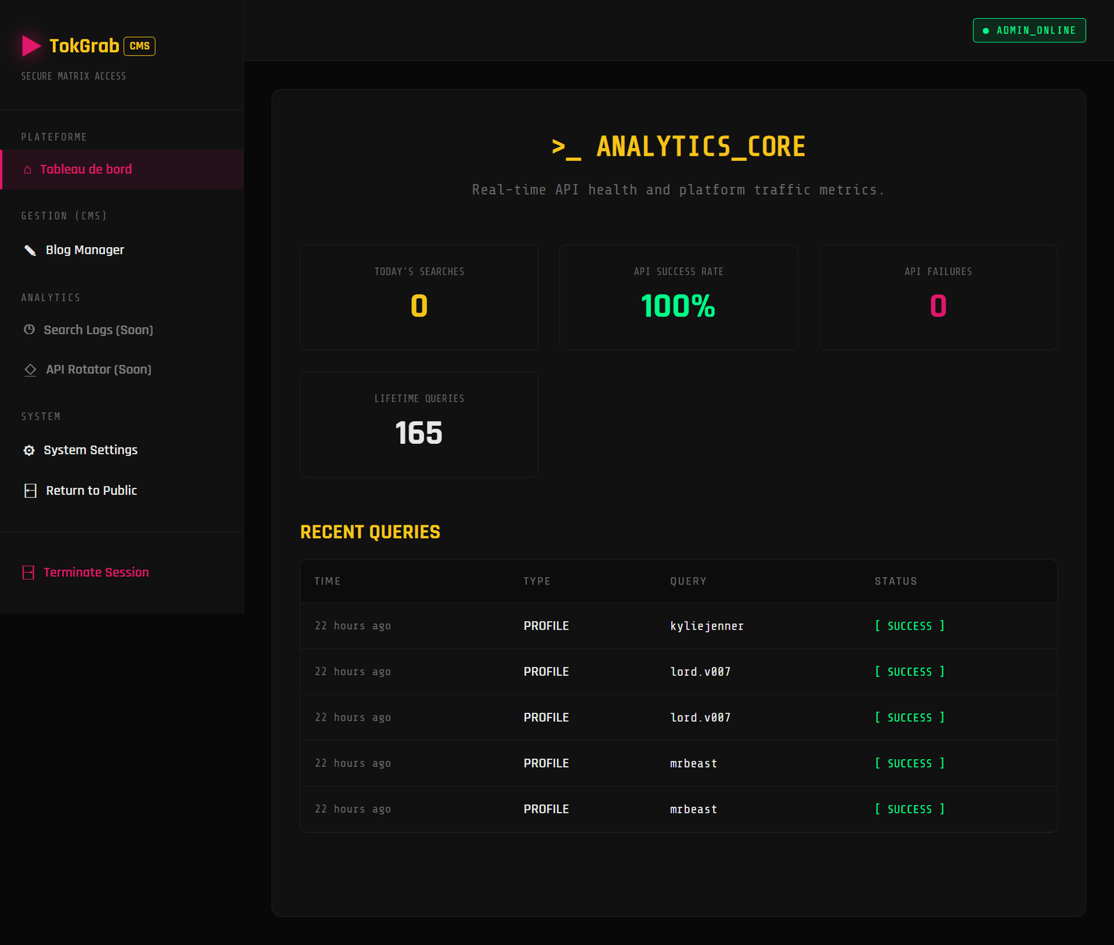TokGrab admin dashboard